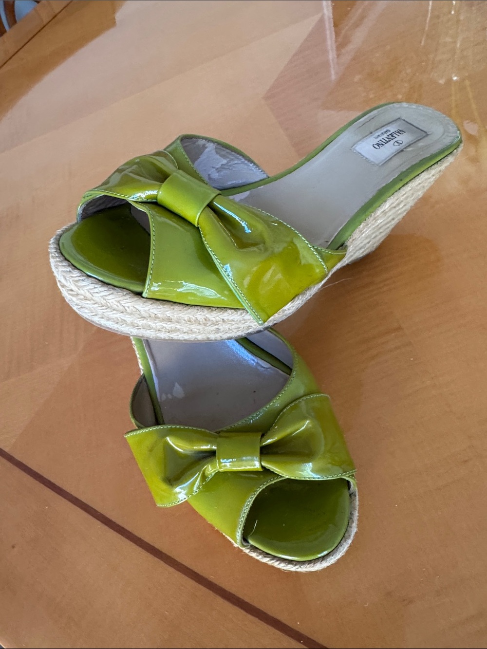 Valentino Lime Patent Bow Espadrille Wedge Mules 40